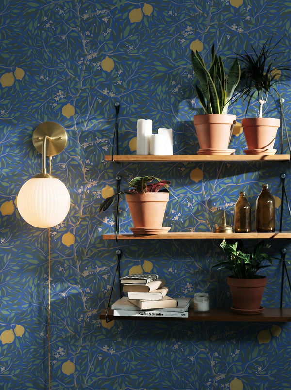Citrus Lapis Blue wallpaper styled in an interior setting