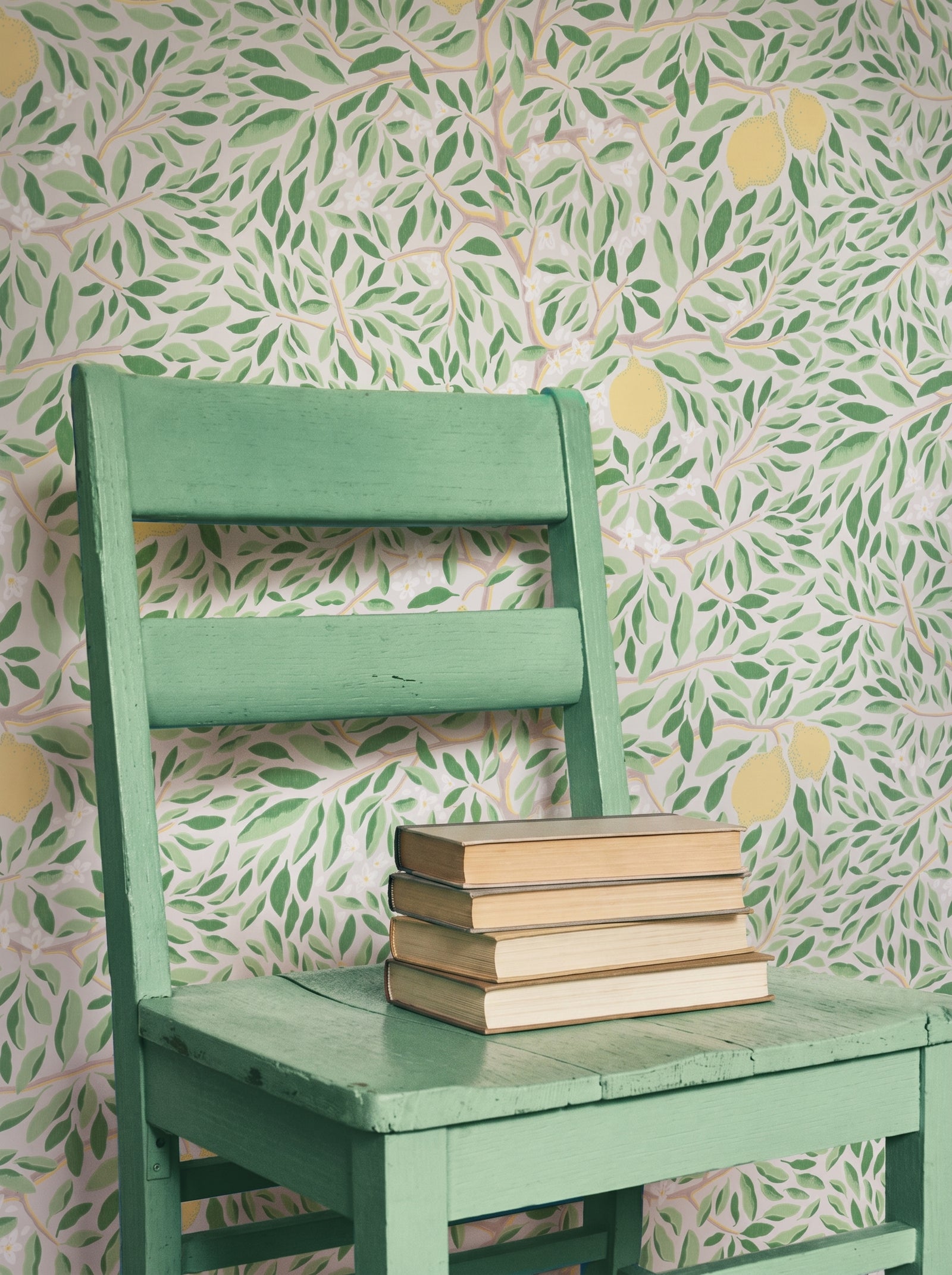 Citrus Ashy Greenery wallpaper styled in an interior setting