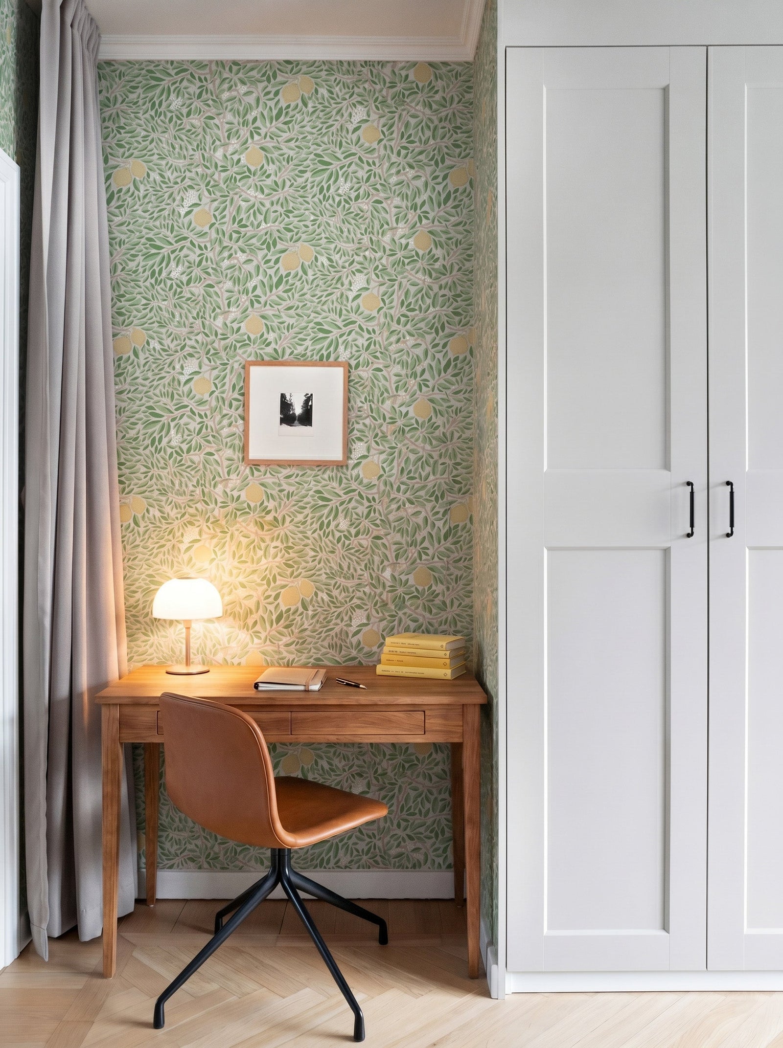 Citrus Ashy Greenery wallpaper in a styled interior