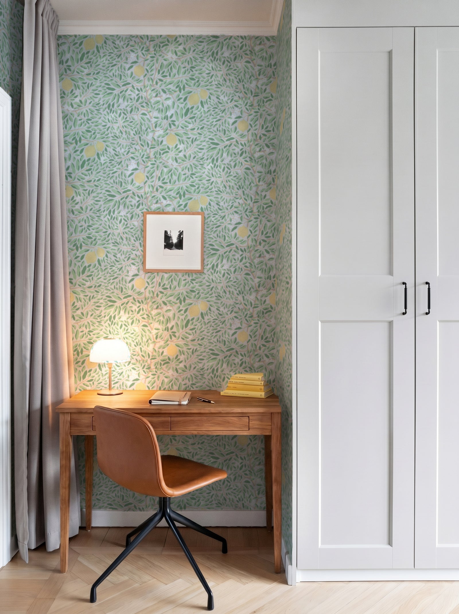 Citrus Ashy Greenery wallpaper in a styled interior