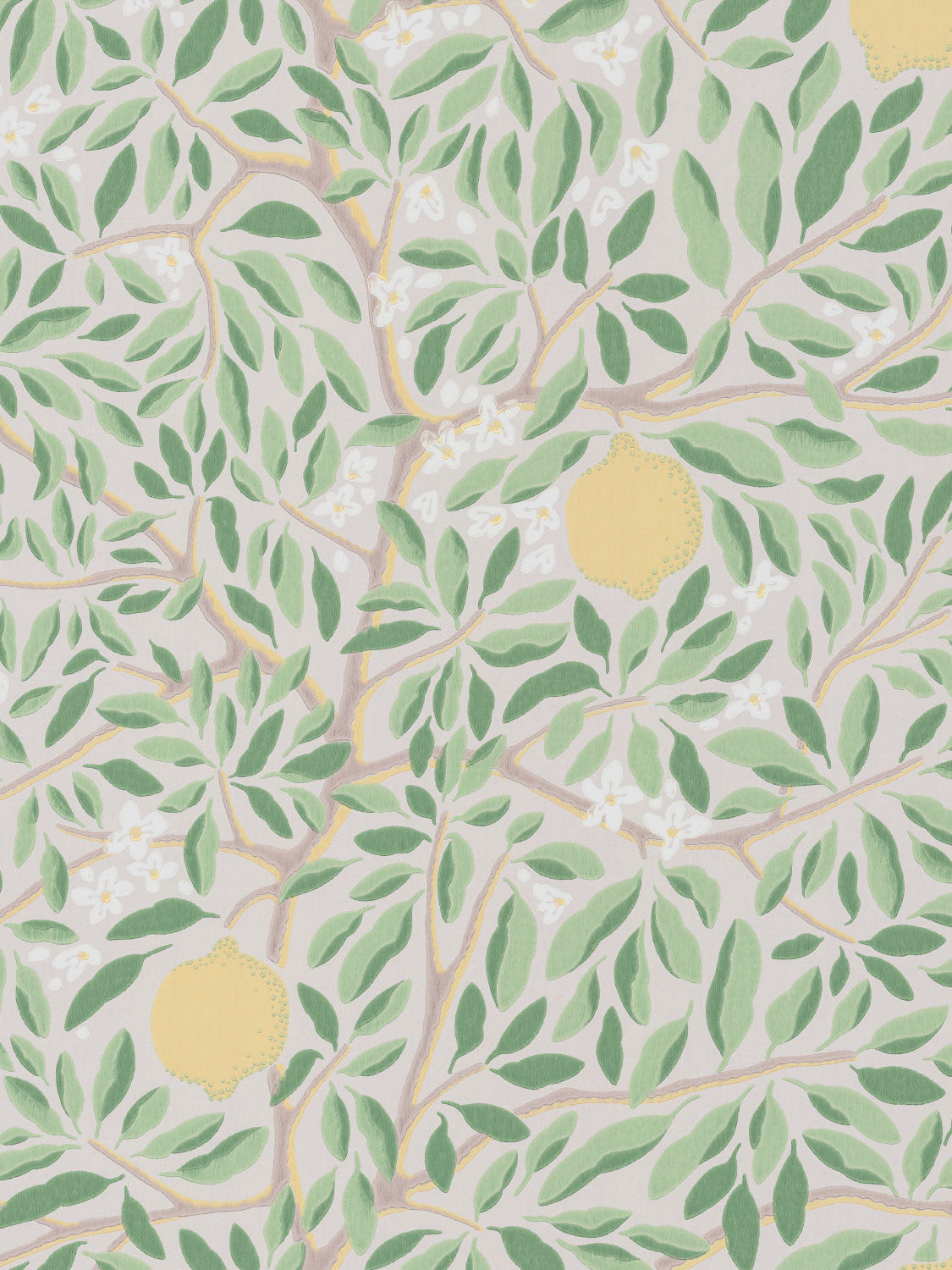 Citrus Ashy Greenery pattern – white flowers, lemons and warm-grey stems on muted grey