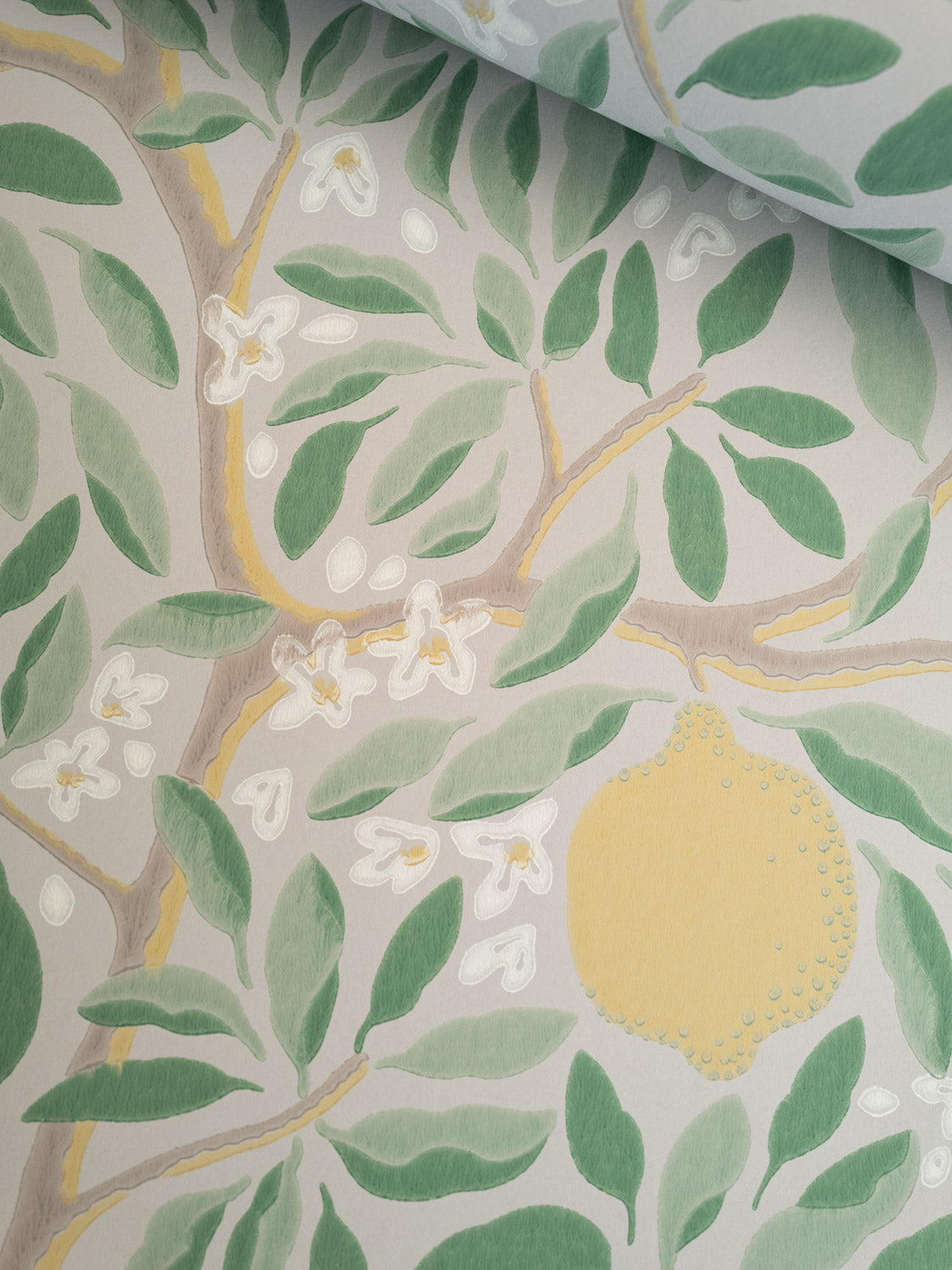 Citrus Ashy Greenery wallpaper roll – yellow lemons and green leaves on muted grey