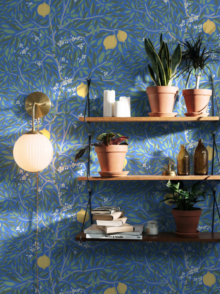 Citrus Lapis Blue wallpaper styled in an interior setting