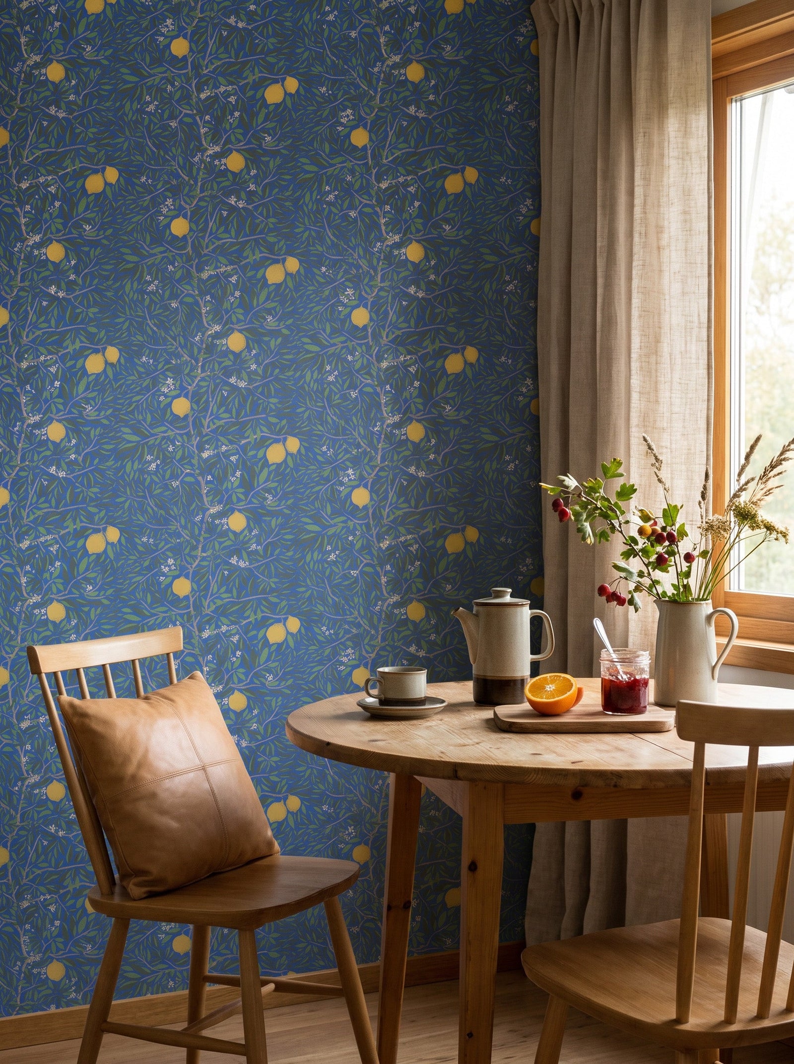 Citrus Lapis Blue wallpaper shown on a room wall