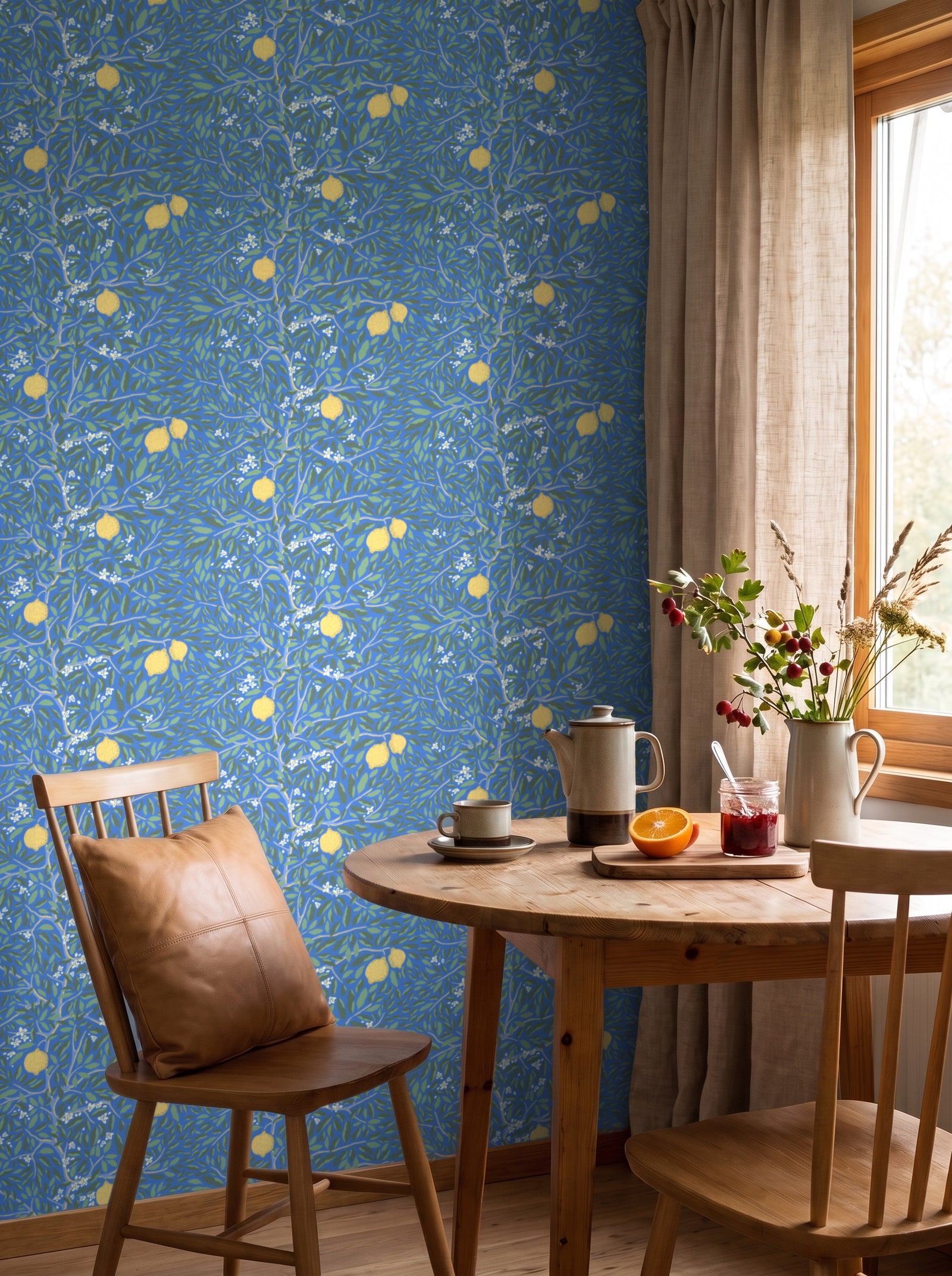 Citrus Lapis Blue wallpaper shown on a room wall