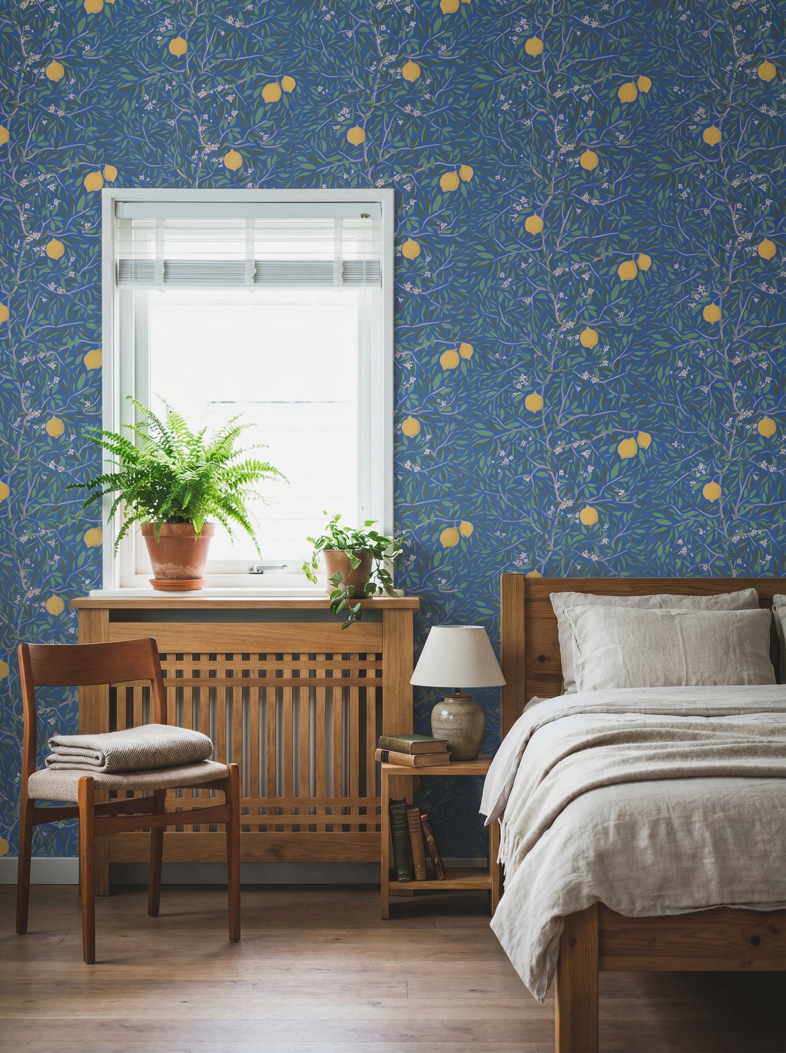 Citrus Lapis Blue wallpaper in a styled interior