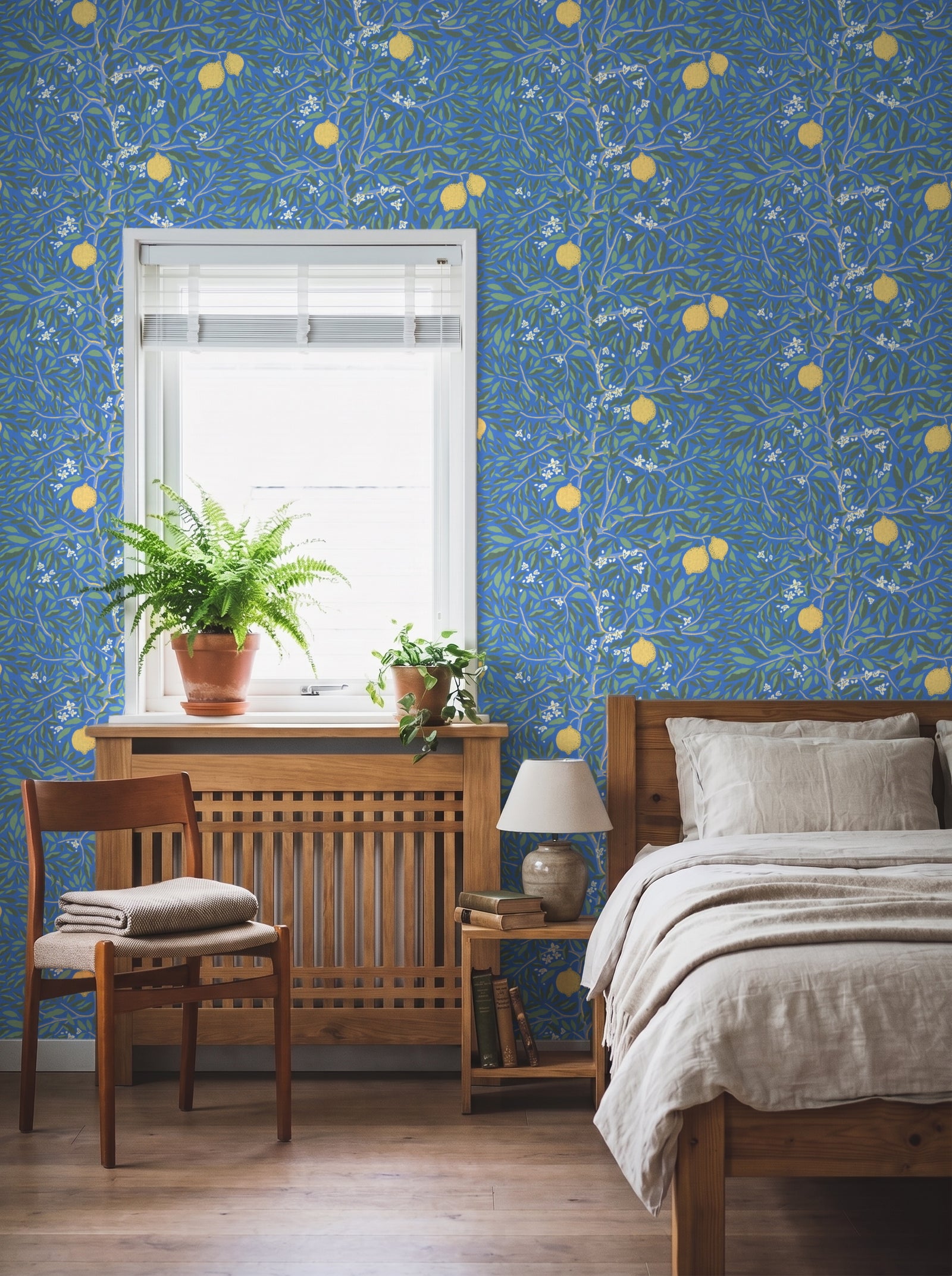 Citrus Lapis Blue wallpaper in a styled interior