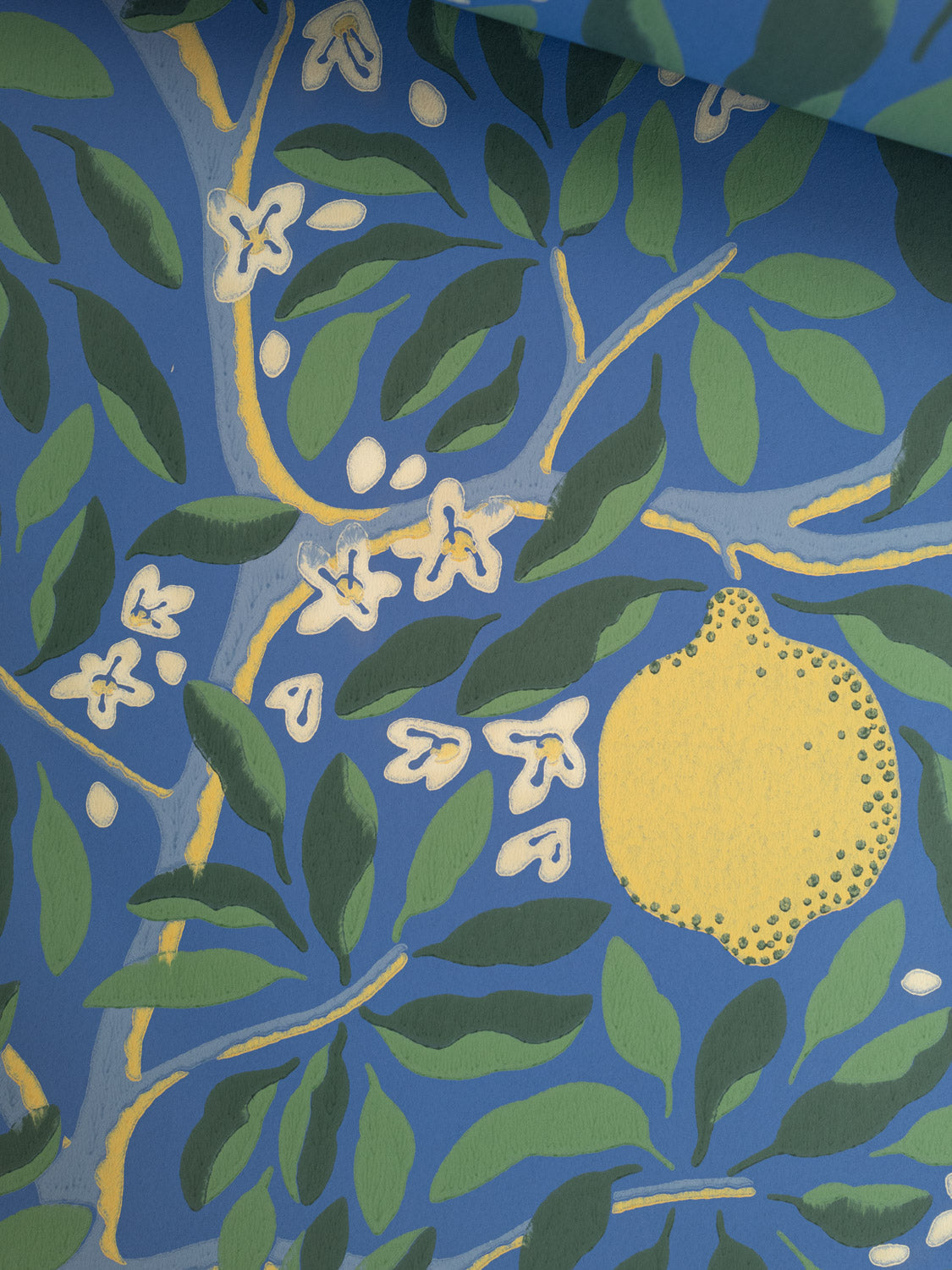 Citrus Lapis Blue wallpaper roll – yellow lemons and green leaves on deep lapis blue
