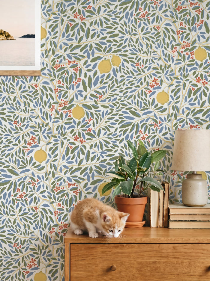 Citrus Vibrant Bloom wallpaper styled in an interior setting