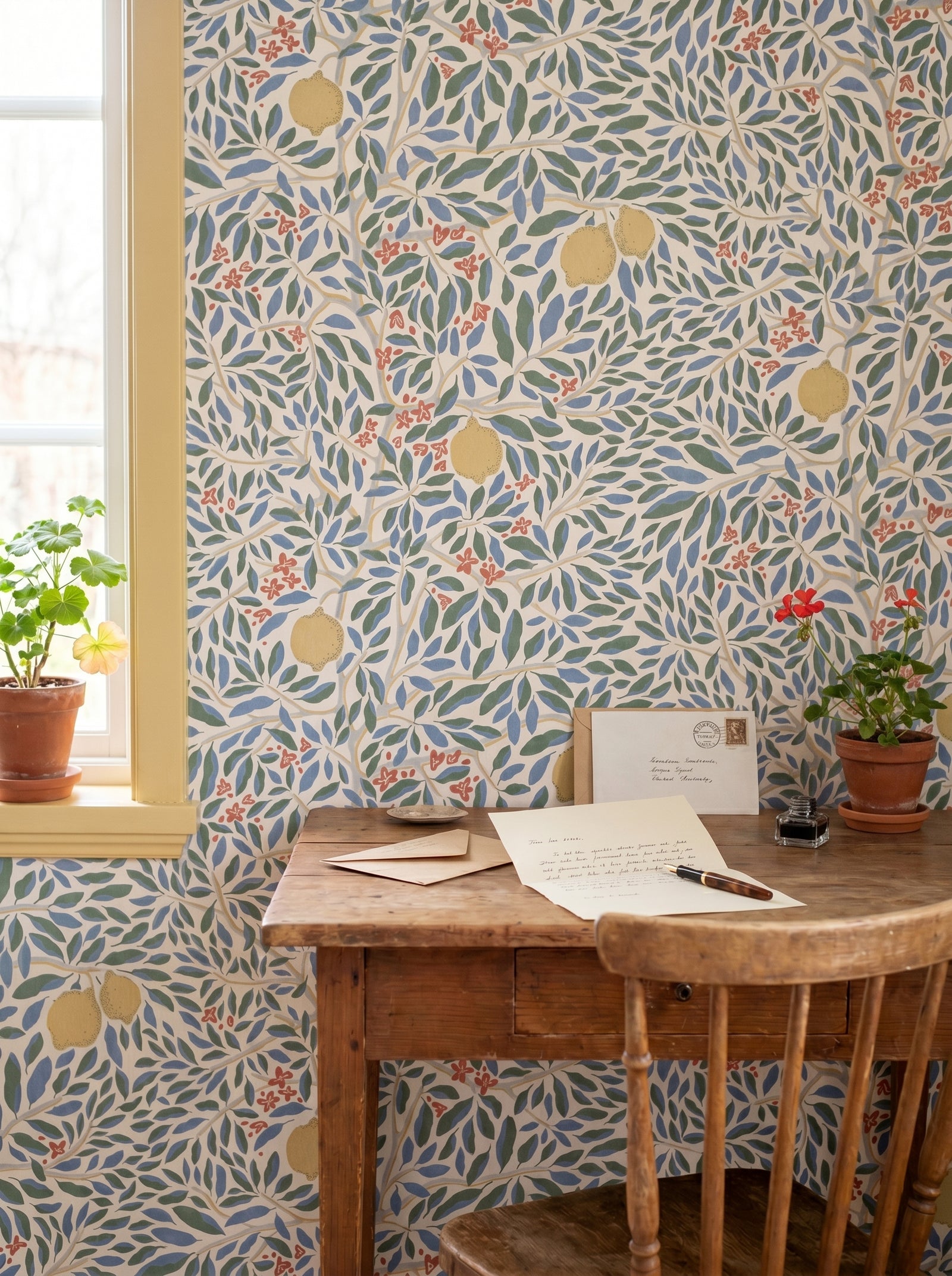 Citrus Vibrant Bloom wallpaper decorating an interior wall