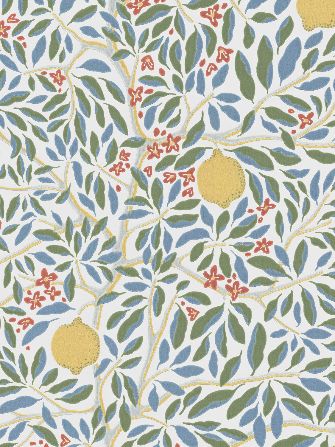 Citrus Vibrant Bloom pattern – red blooms and yellow citrus on off-white