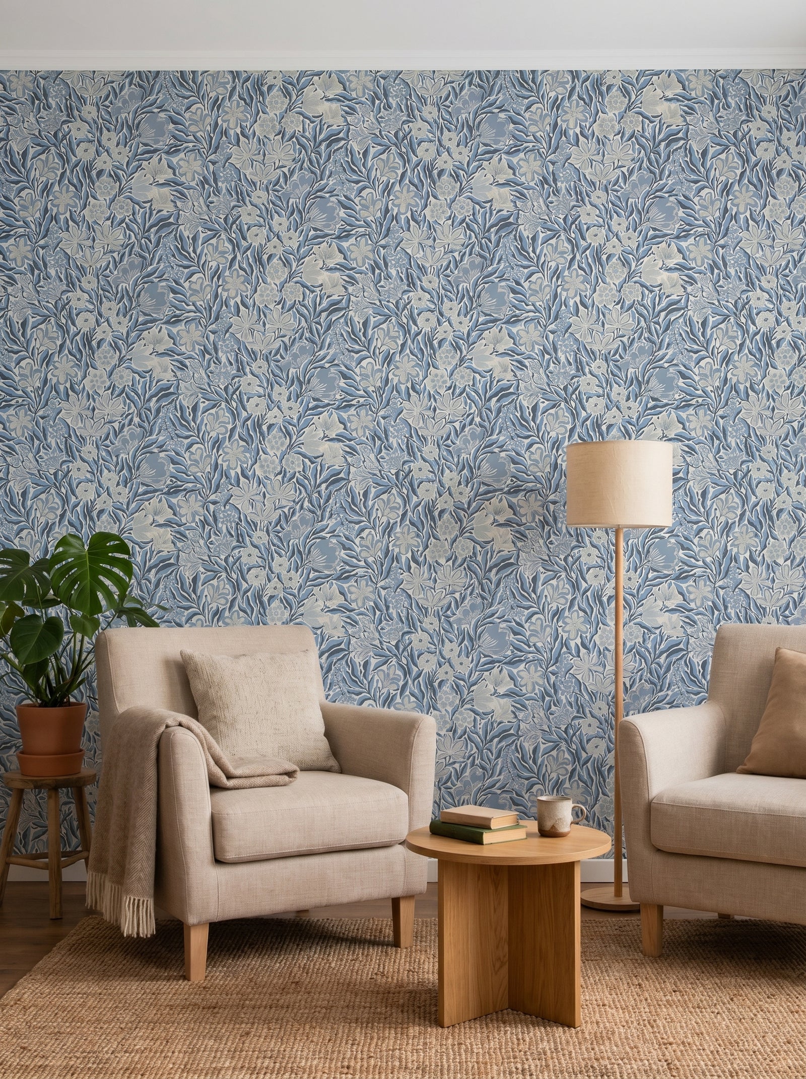Frodas Slate Blue wallpaper styled in an interior setting