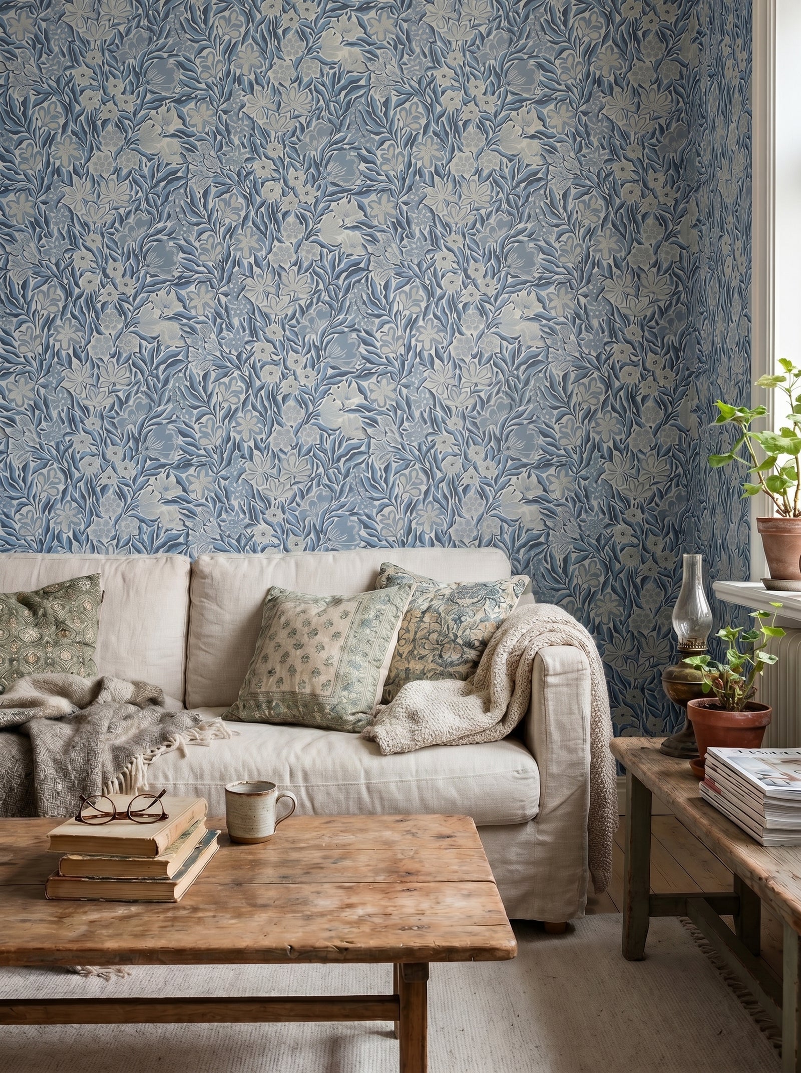 Frodas Slate Blue wallpaper in a styled interior