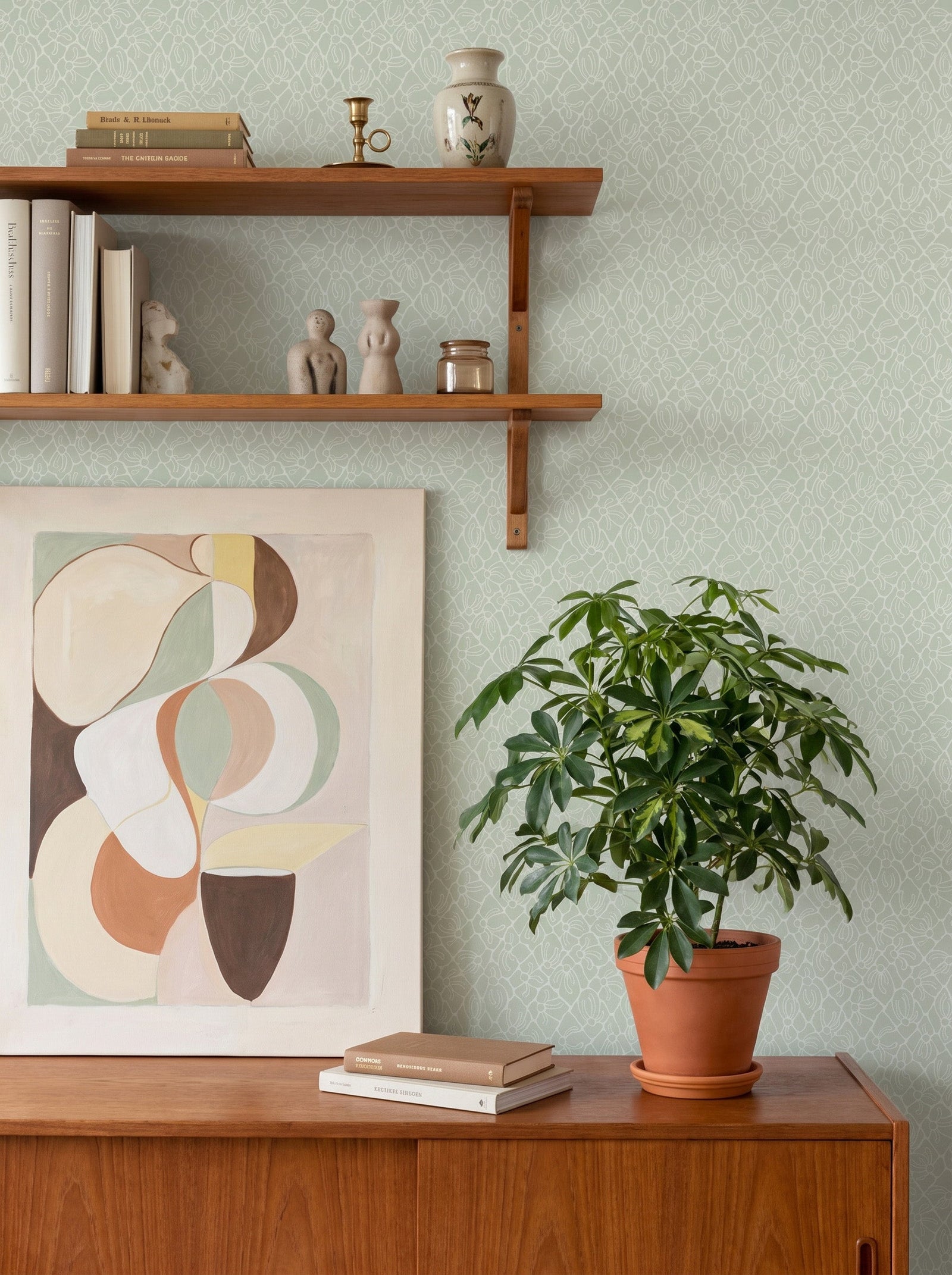 Fröviva Lichen Green wallpaper styled in an interior setting
