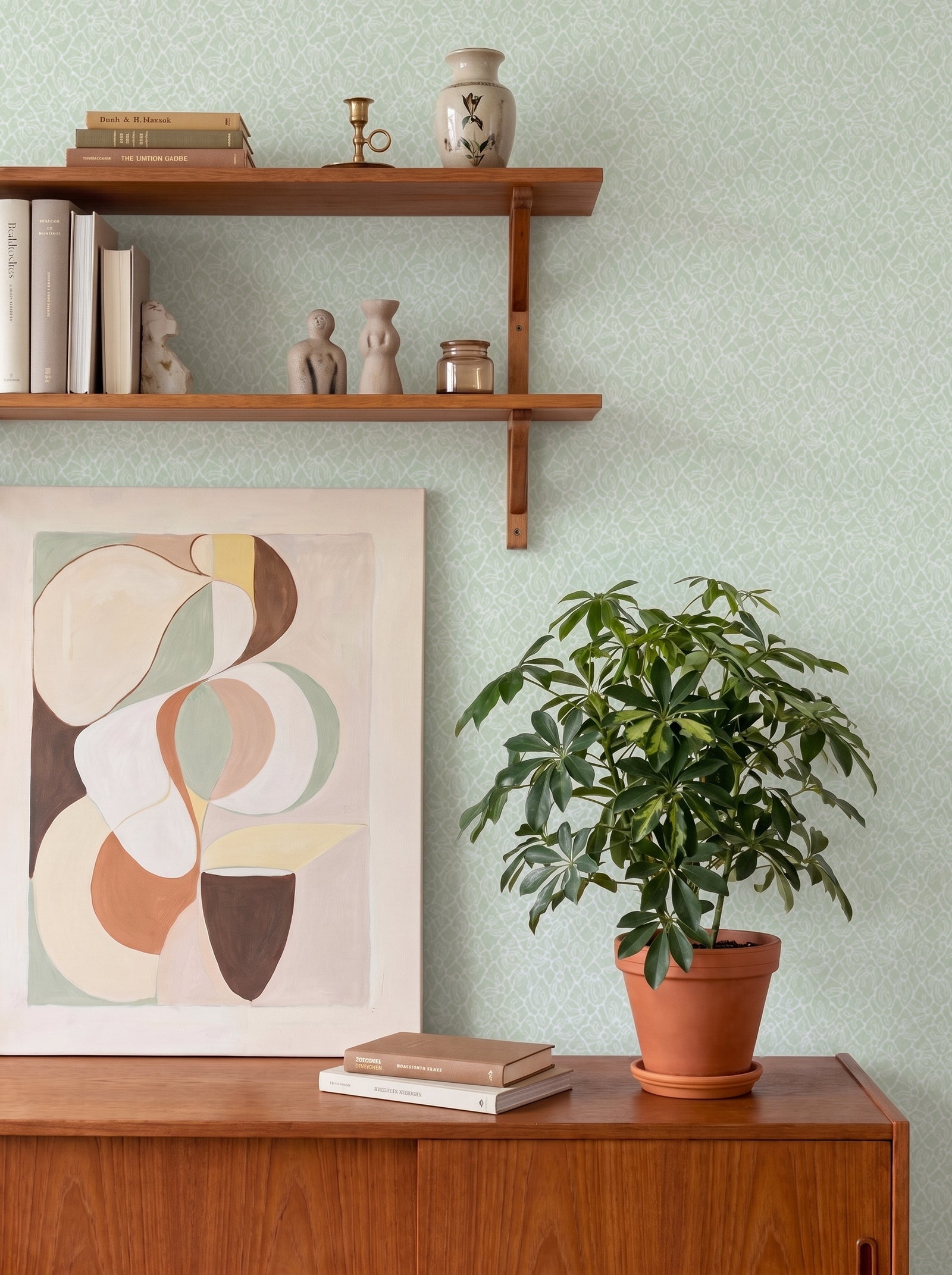 Fröviva Lichen Green wallpaper styled in an interior setting