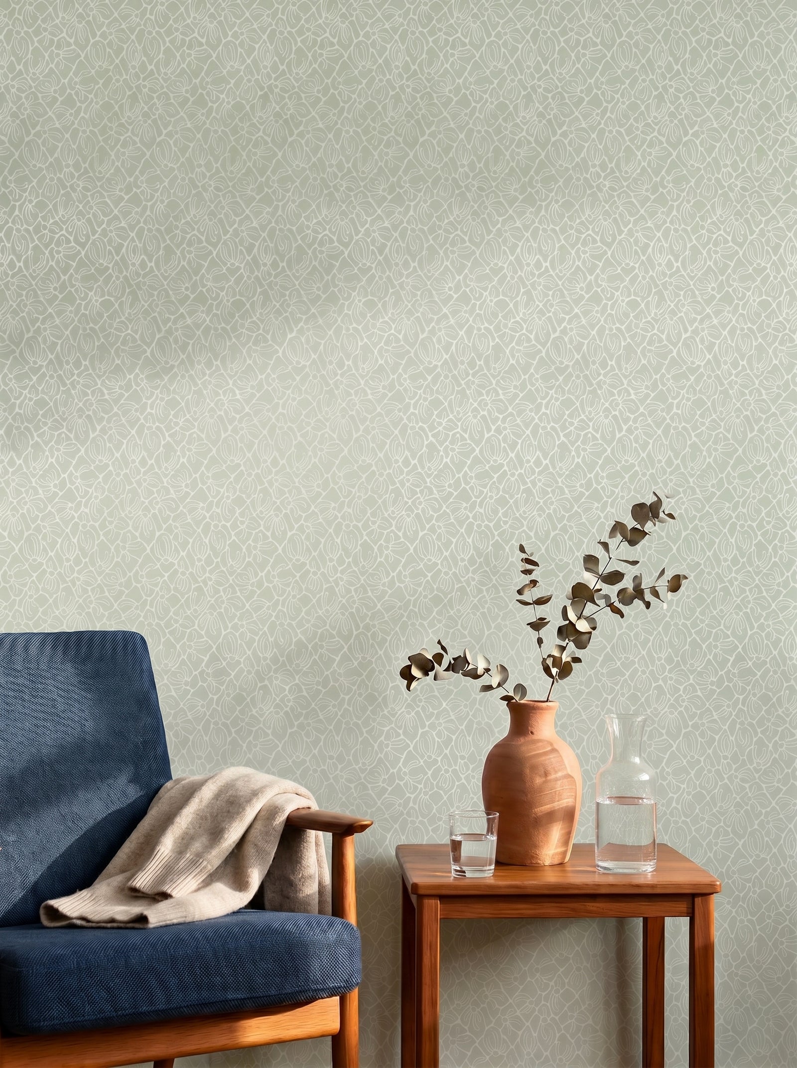 Fröviva Lichen Green wallpaper shown on a room wall