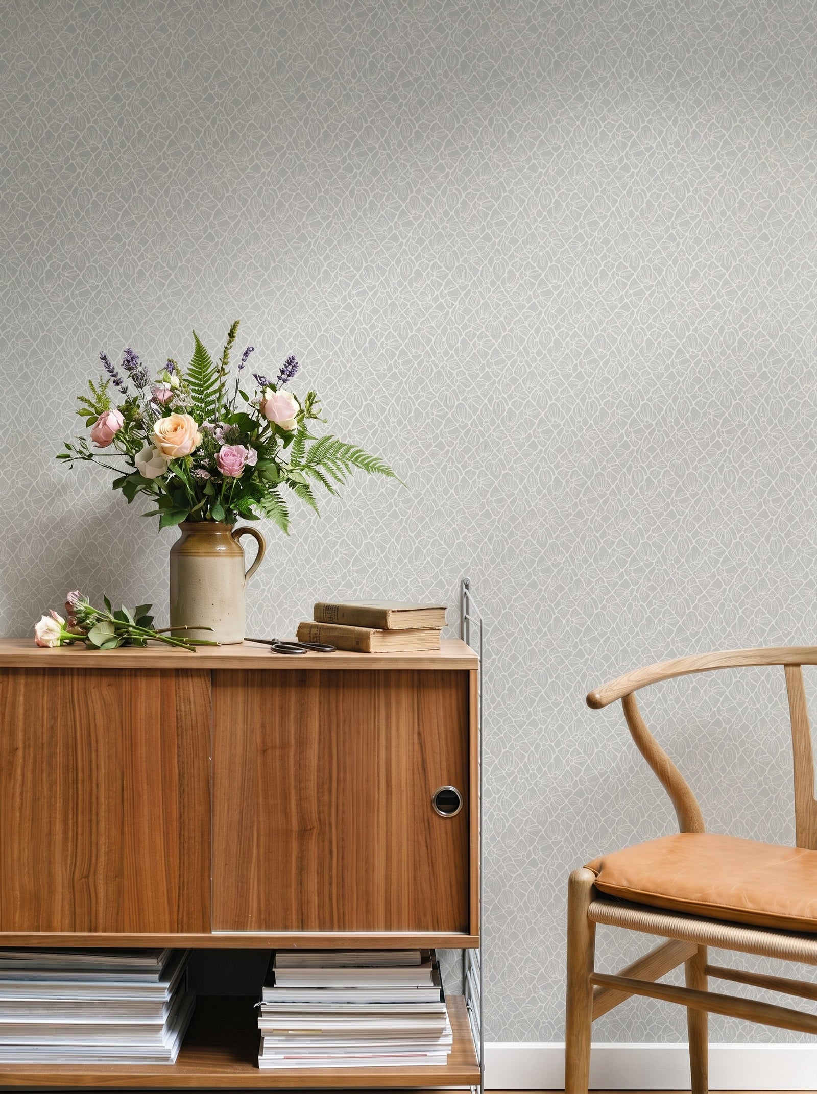 Fröviva Light Blue Ash wallpaper shown on a room wall