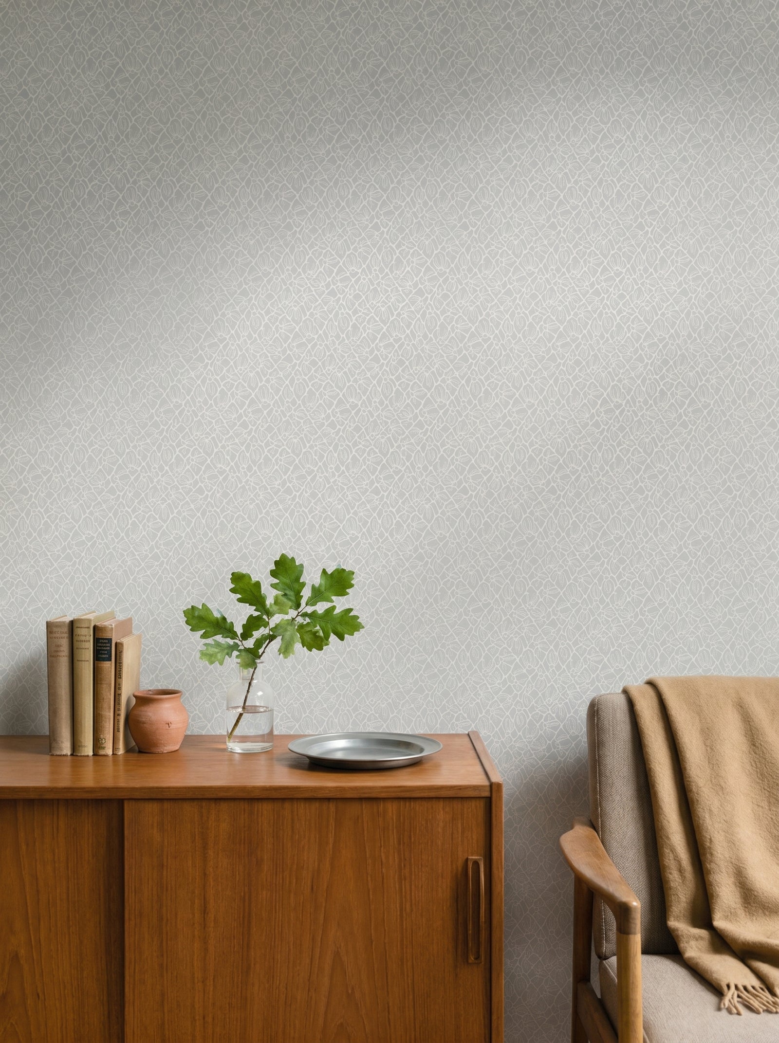 Fröviva Light Blue Ash wallpaper in a styled interior