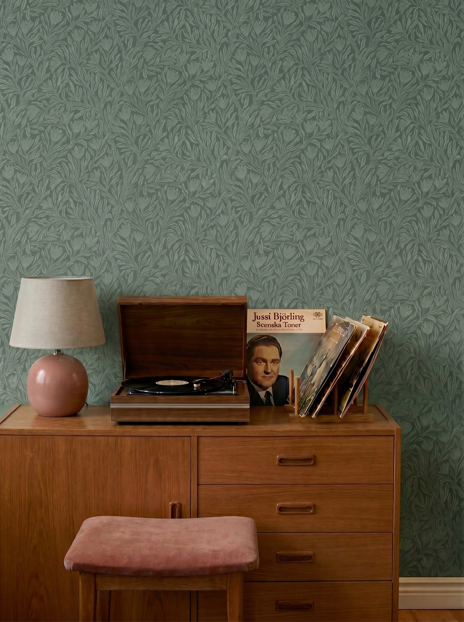 Krokus Forest Green wallpaper styled in an interior setting