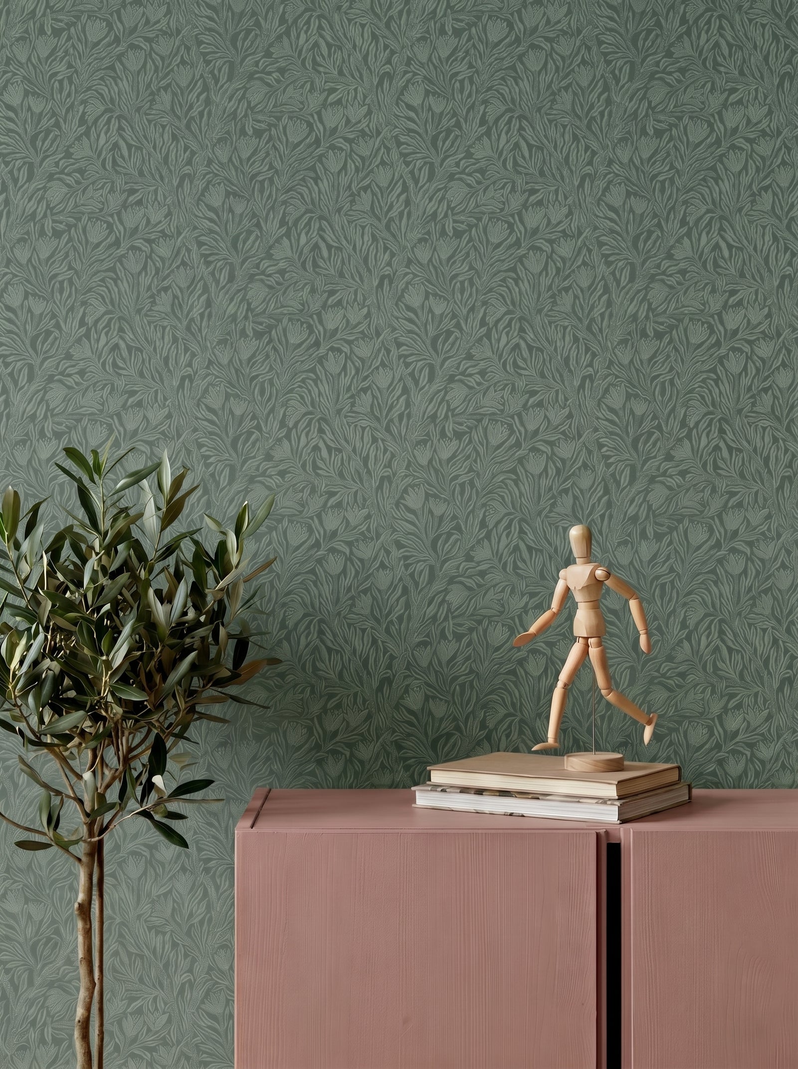 Krokus Forest Green wallpaper shown on a room wall