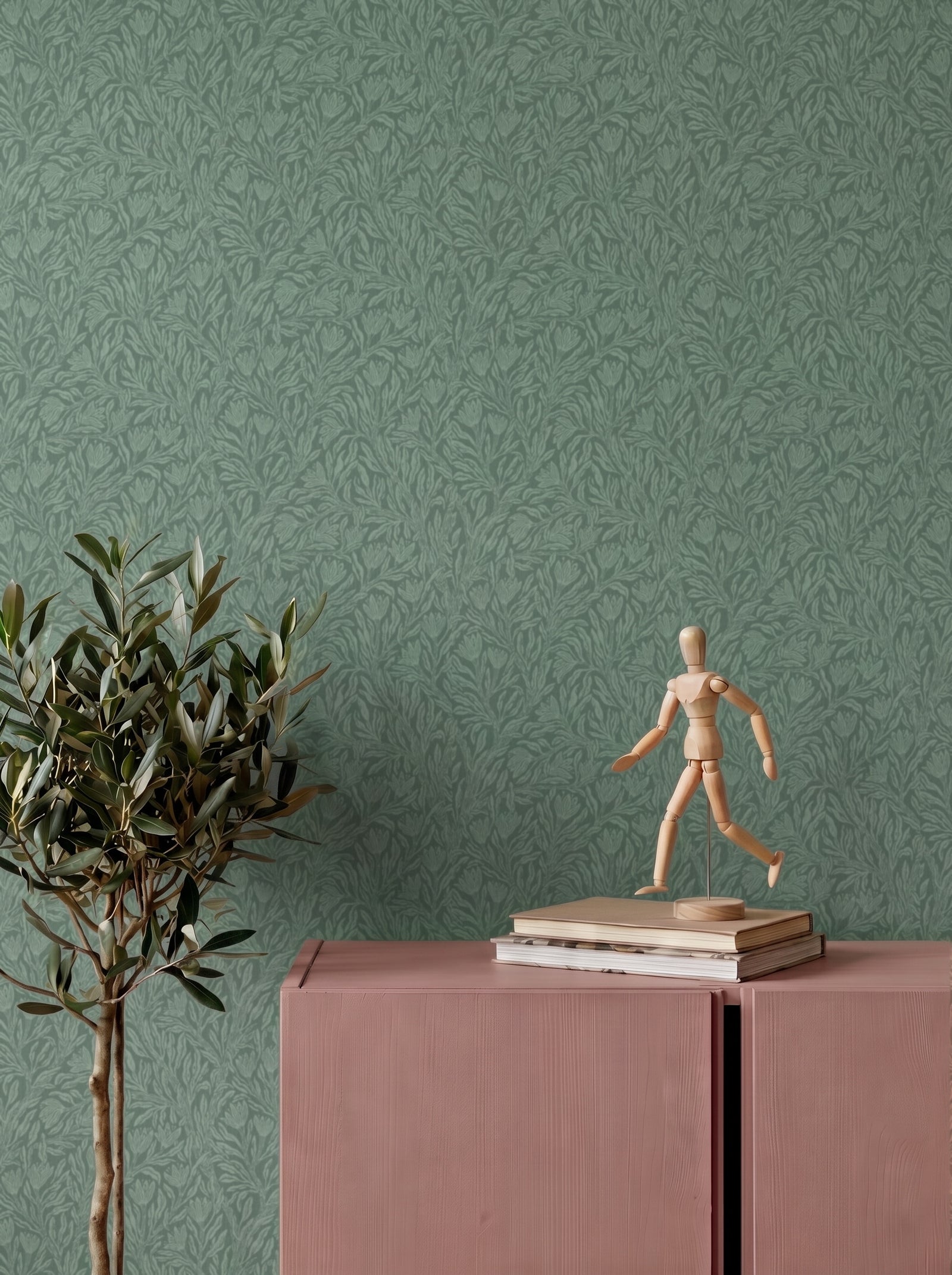 Krokus Forest Green wallpaper shown on a room wall