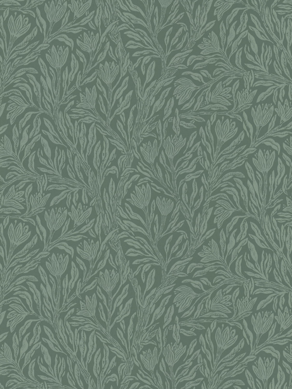 Krokus Forest Green pattern – delicate light-green leaves on forest green