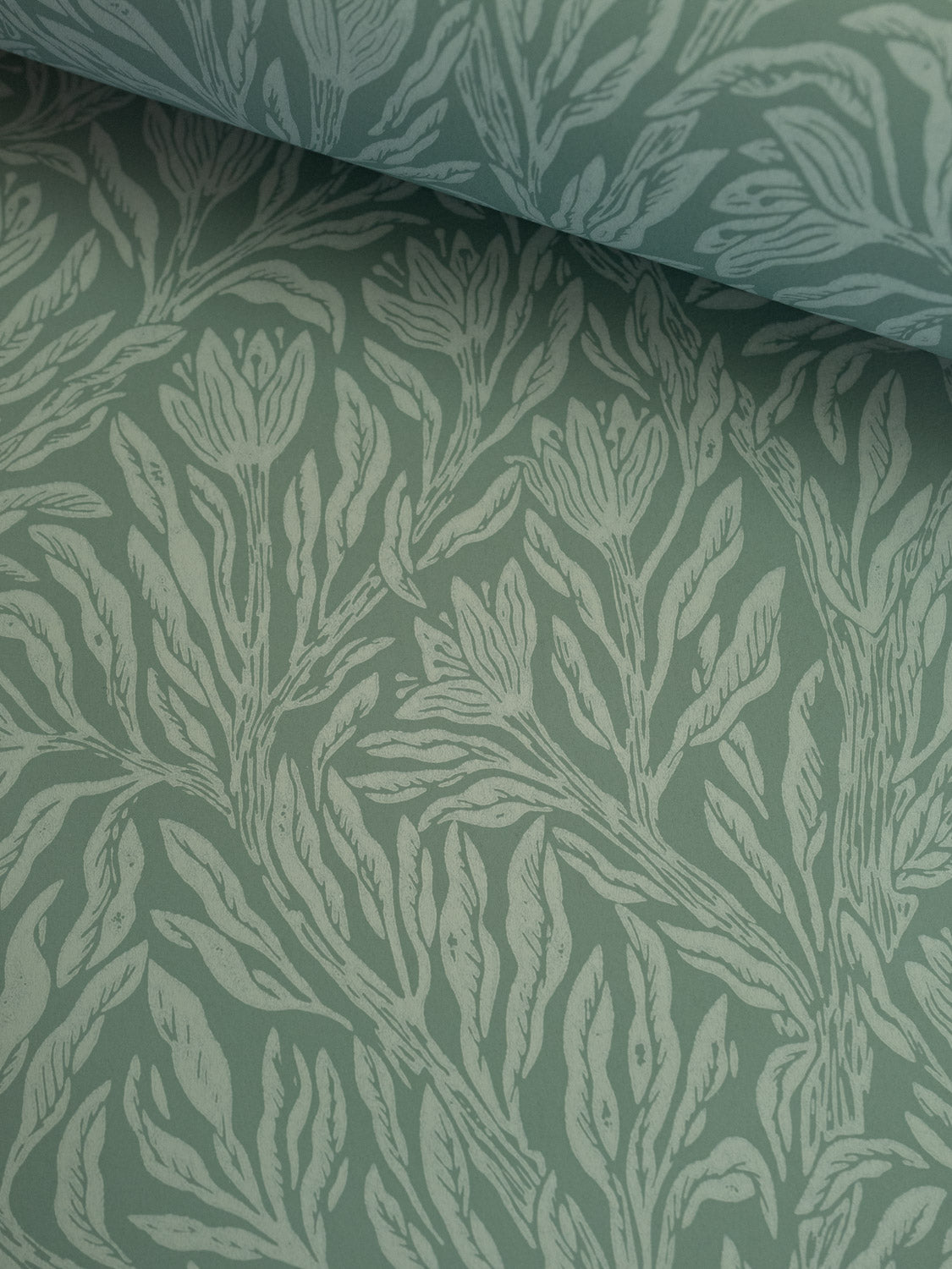 Krokus Forest Green wallpaper roll – light green florals on deep forest green