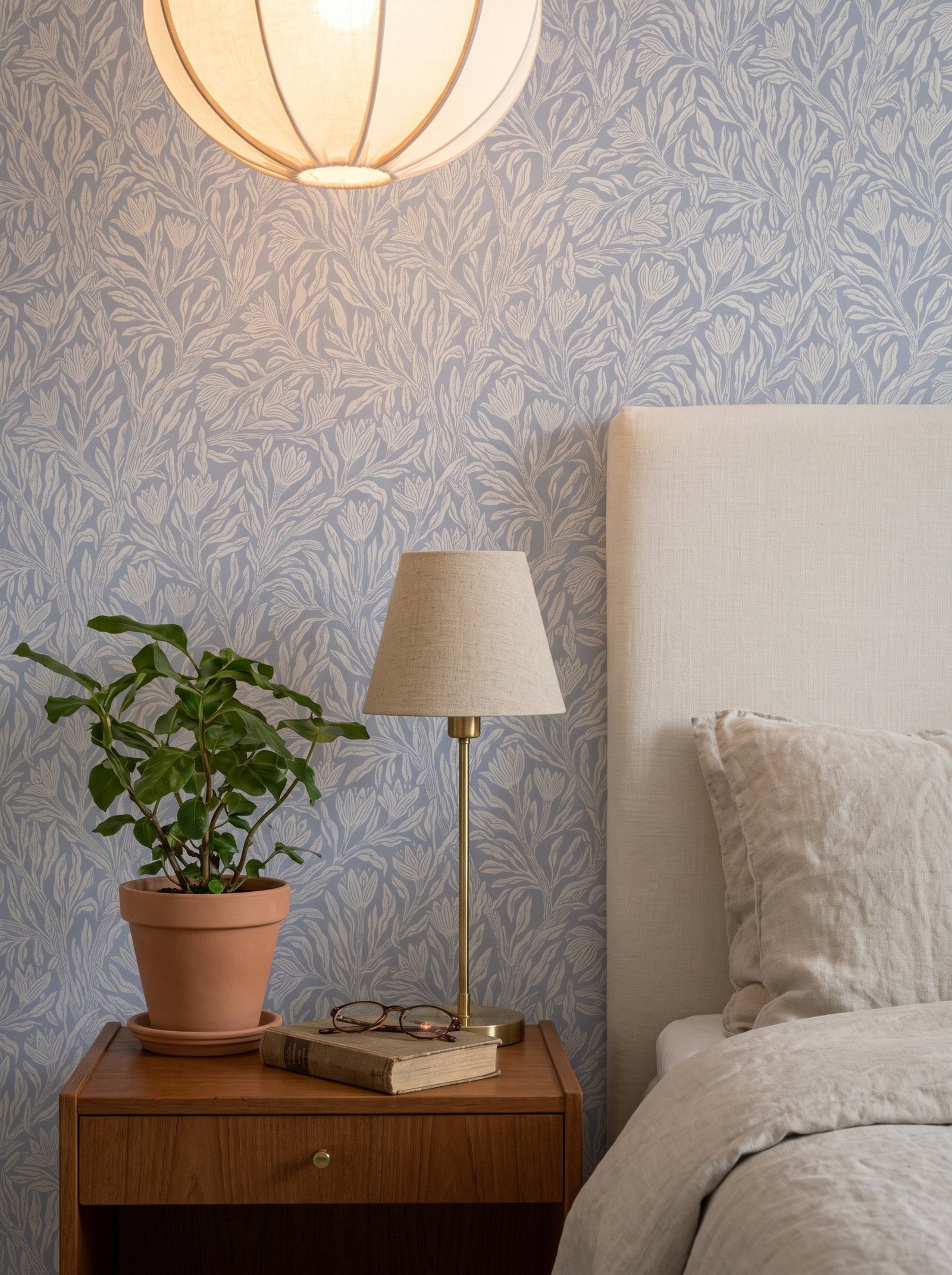 Krokus Smokey Blue wallpaper styled in an interior setting
