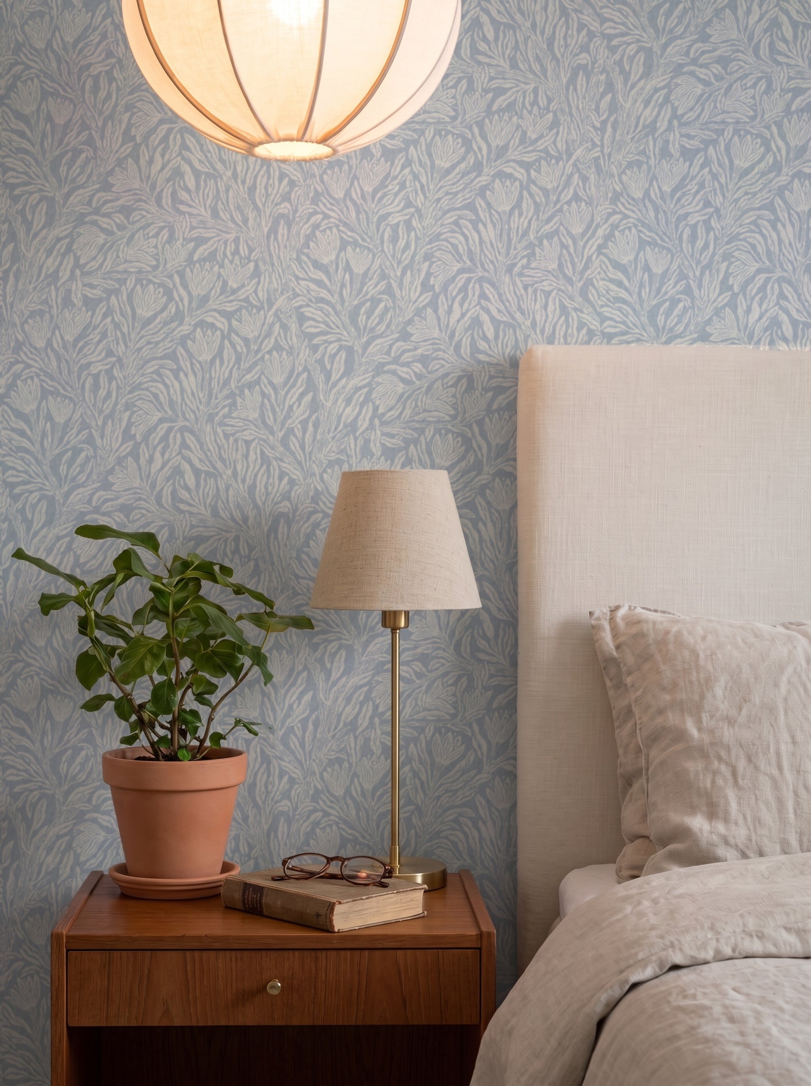 Krokus Smokey Blue wallpaper styled in an interior setting