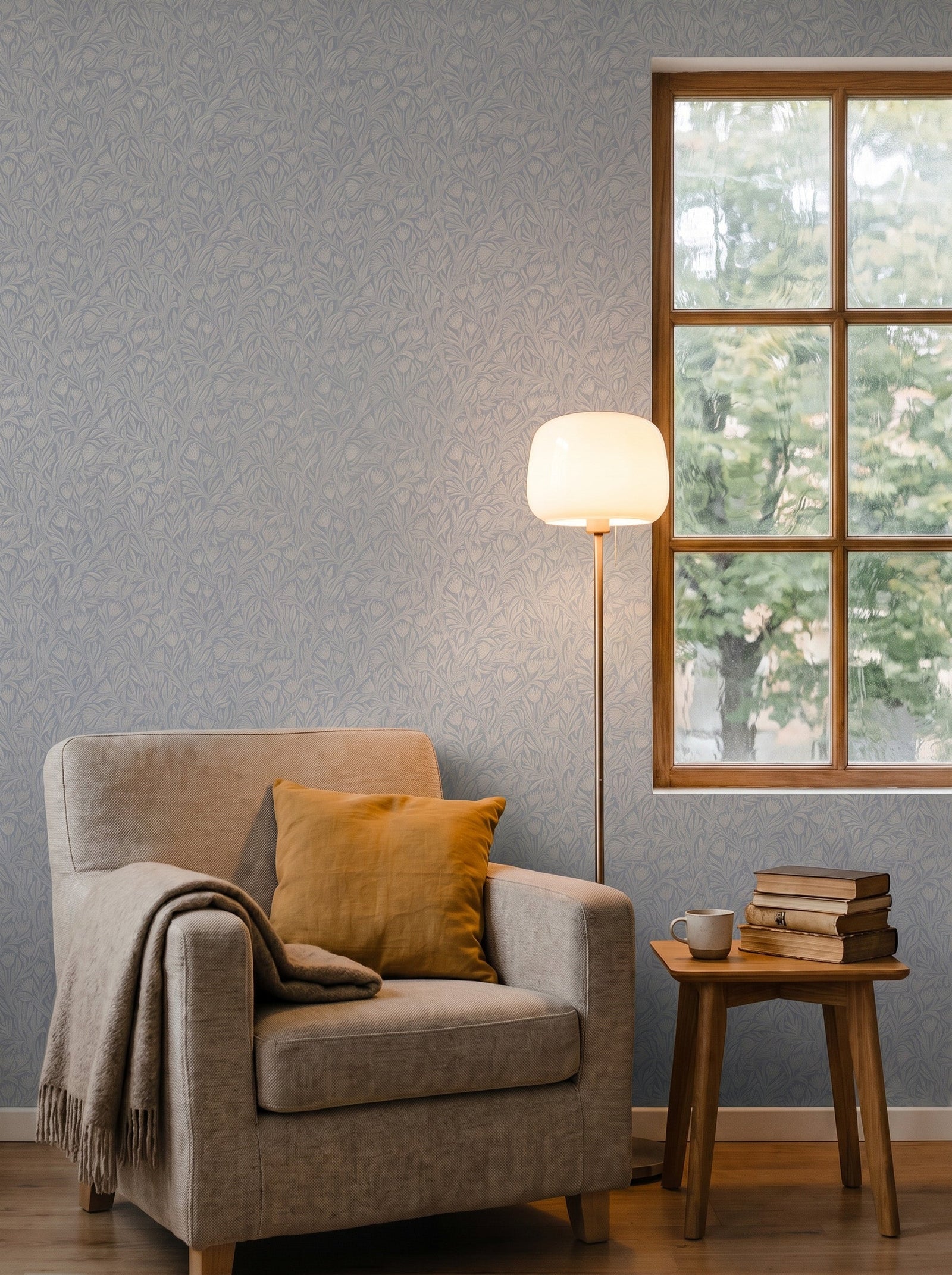 Krokus Smokey Blue wallpaper in a styled interior