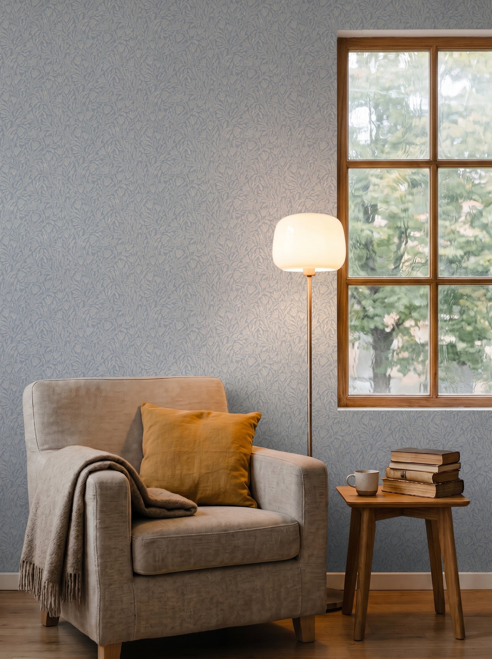 Krokus Smokey Blue wallpaper in a styled interior