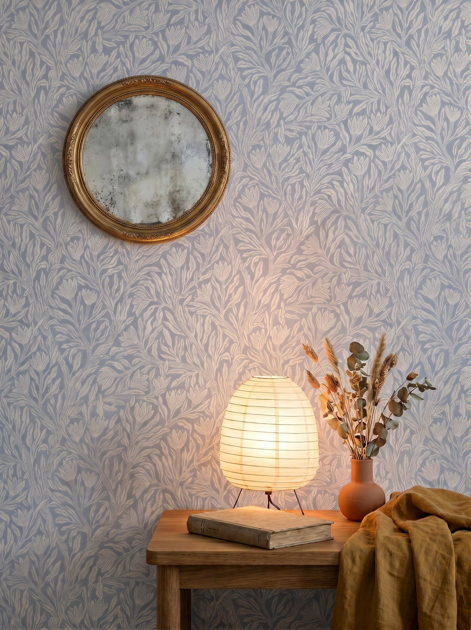 Krokus Smokey Blue wallpaper in a home interior