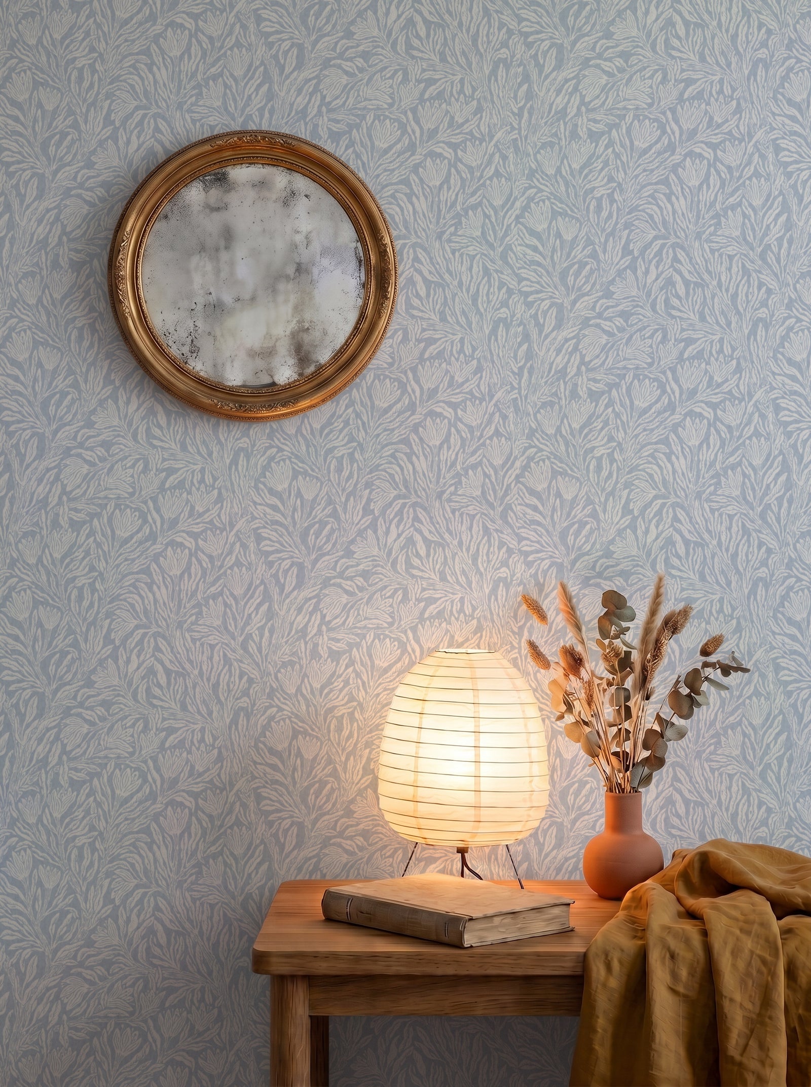 Krokus Smokey Blue wallpaper in a home interior