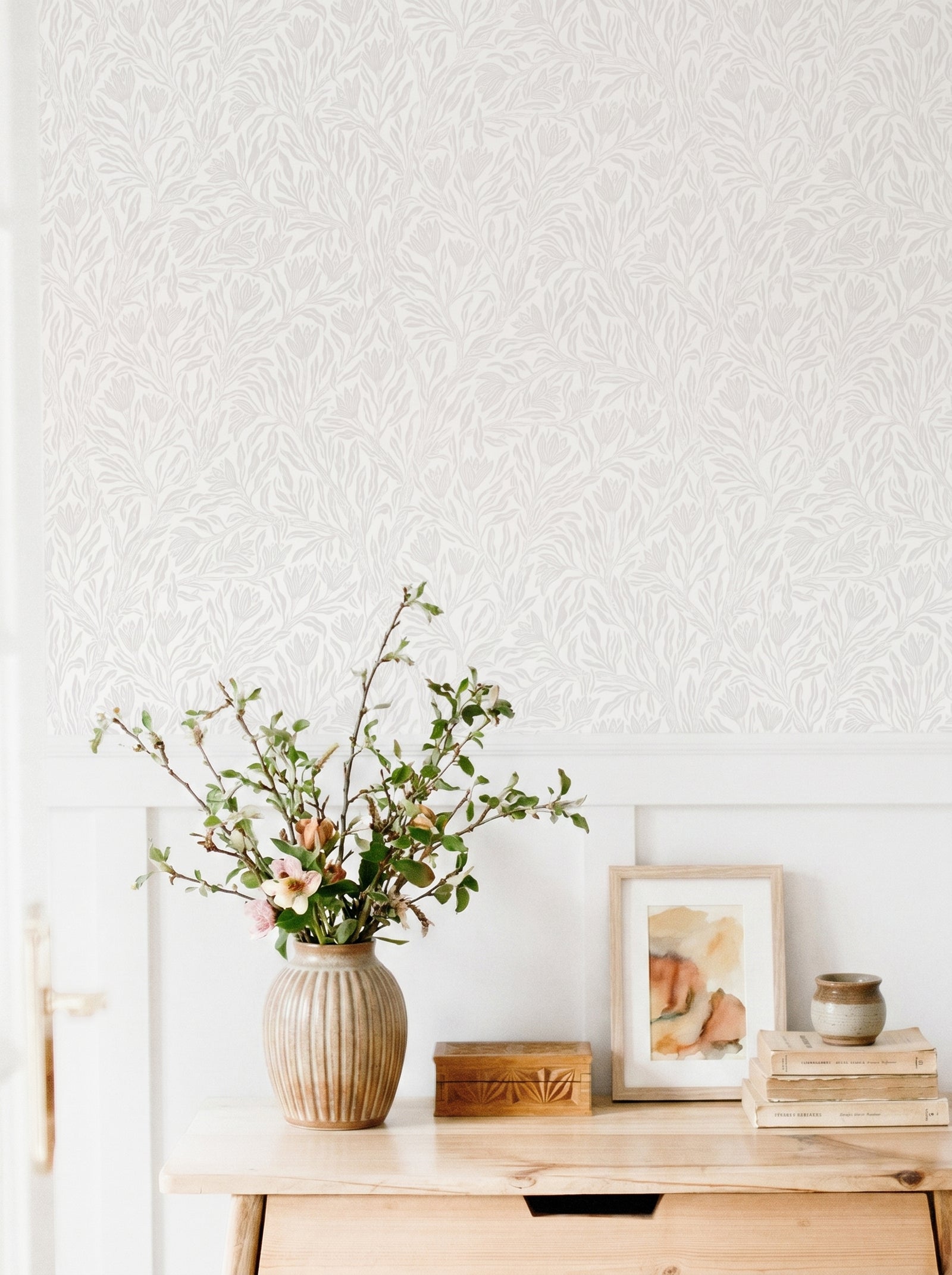 Krokus Whispering Beige wallpaper styled in an interior setting