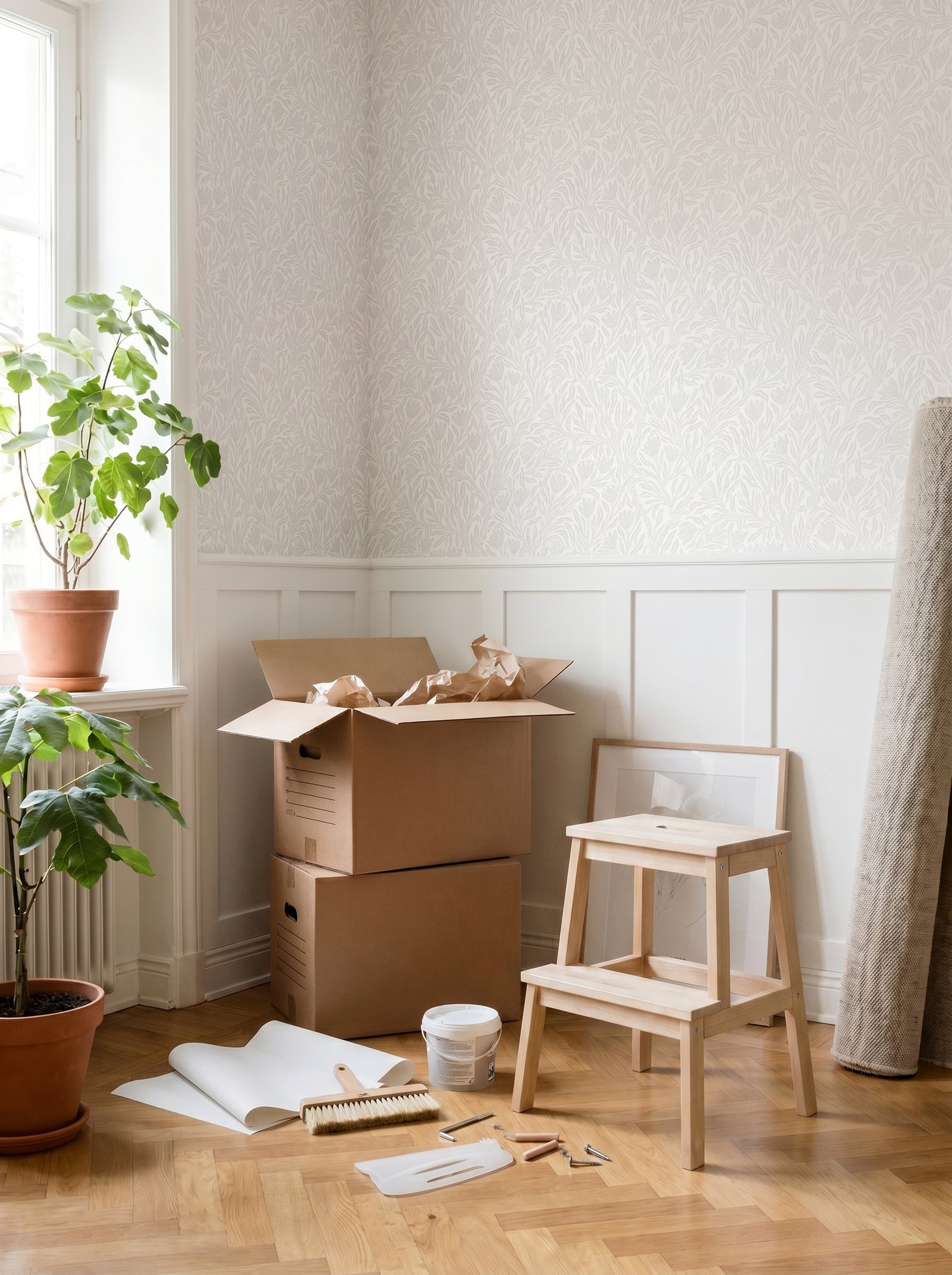 Krokus Whispering Beige wallpaper shown on a room wall