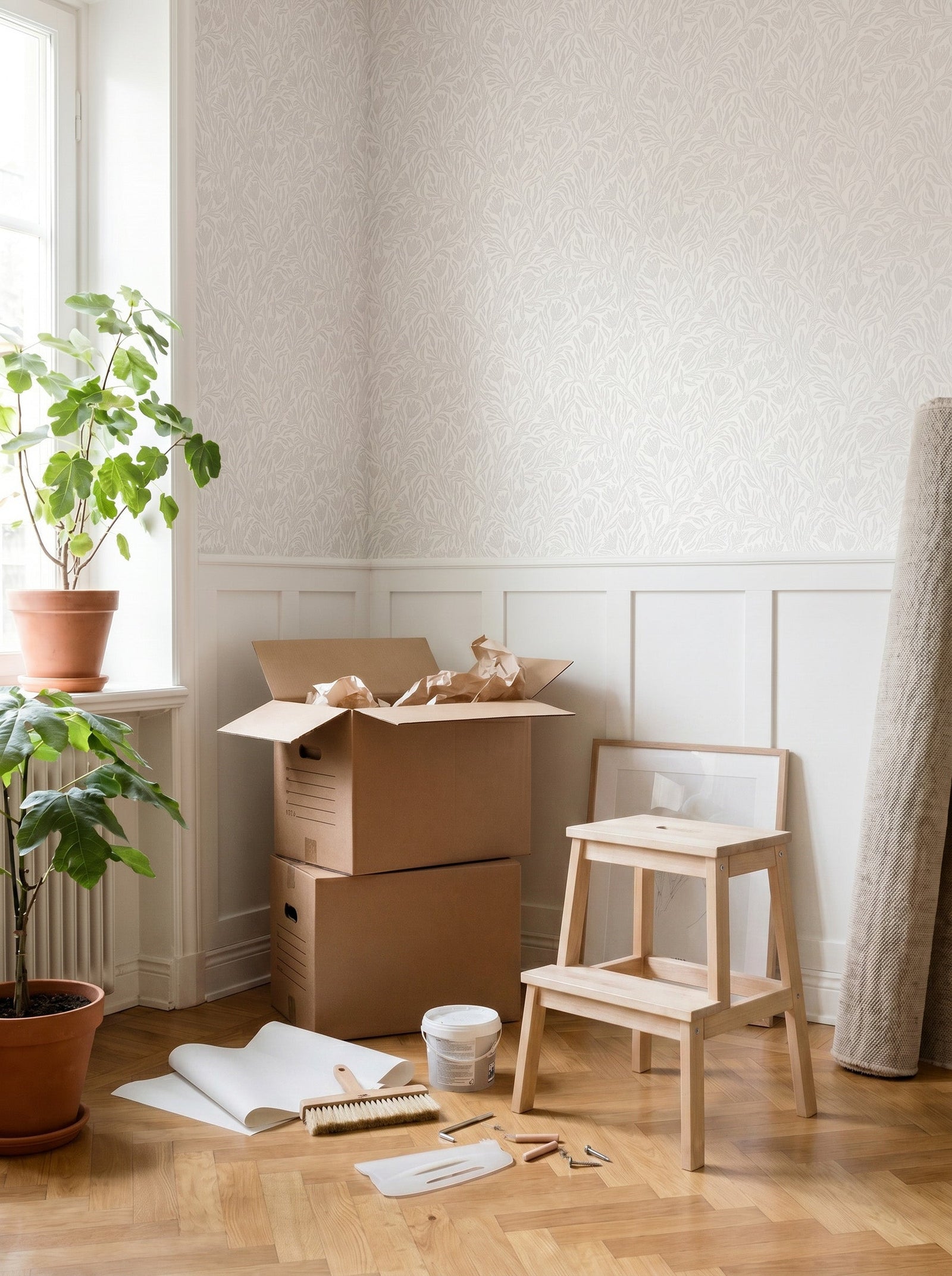 Krokus Whispering Beige wallpaper shown on a room wall