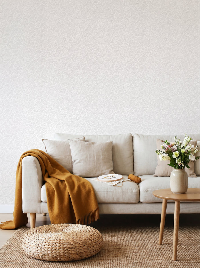Krokus Whispering Beige wallpaper in a styled interior