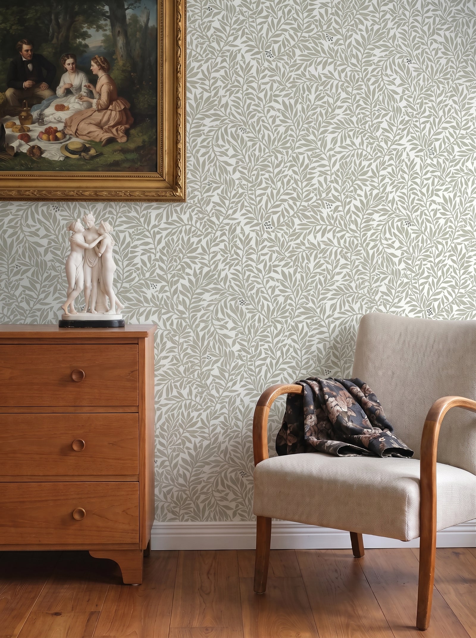 Serpentin Moss Green wallpaper styled in an interior setting