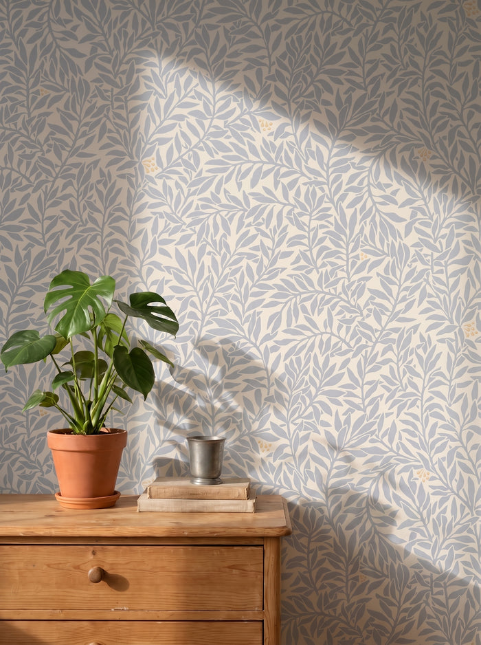 Serpentin Sunny Blue wallpaper styled in an interior setting
