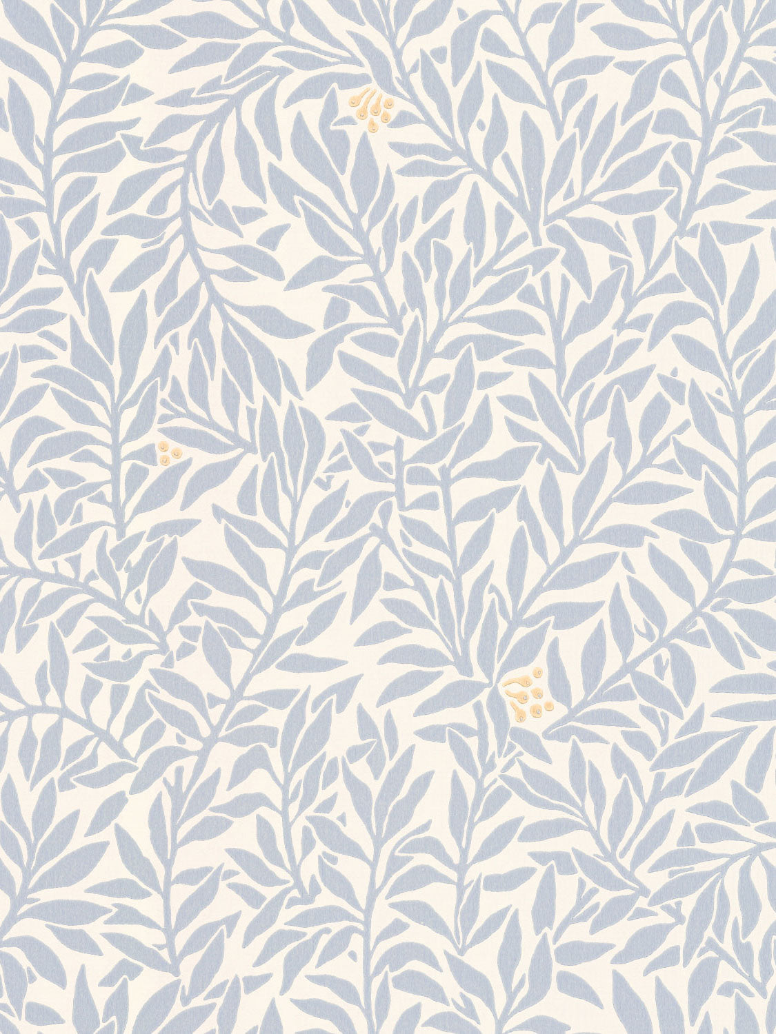 Serpentin Sunny Blue wallpaper roll – sky-blue leaves and yellow berries on off-white