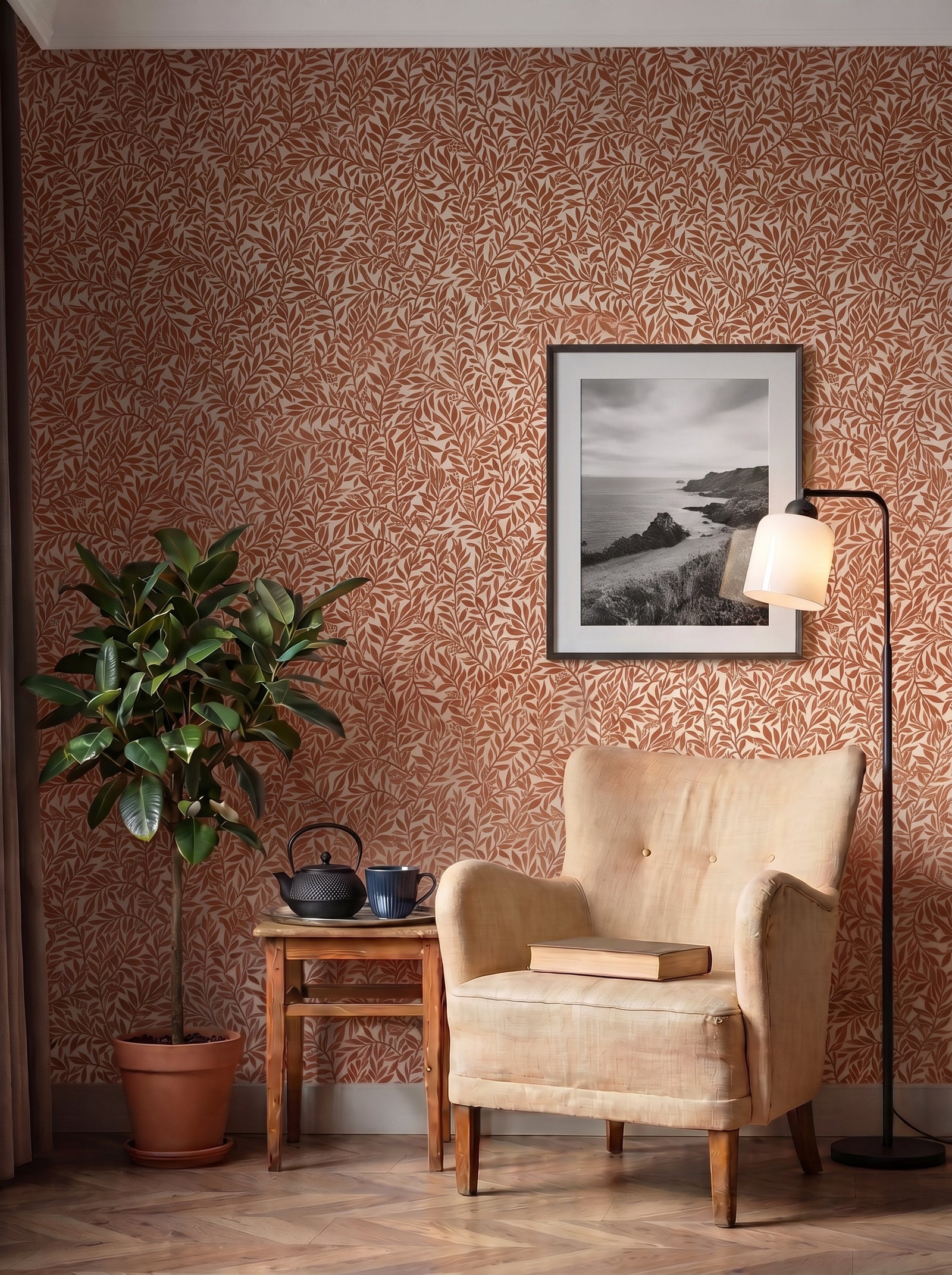 Serpentin Warm Terracotta wallpaper styled in an interior setting