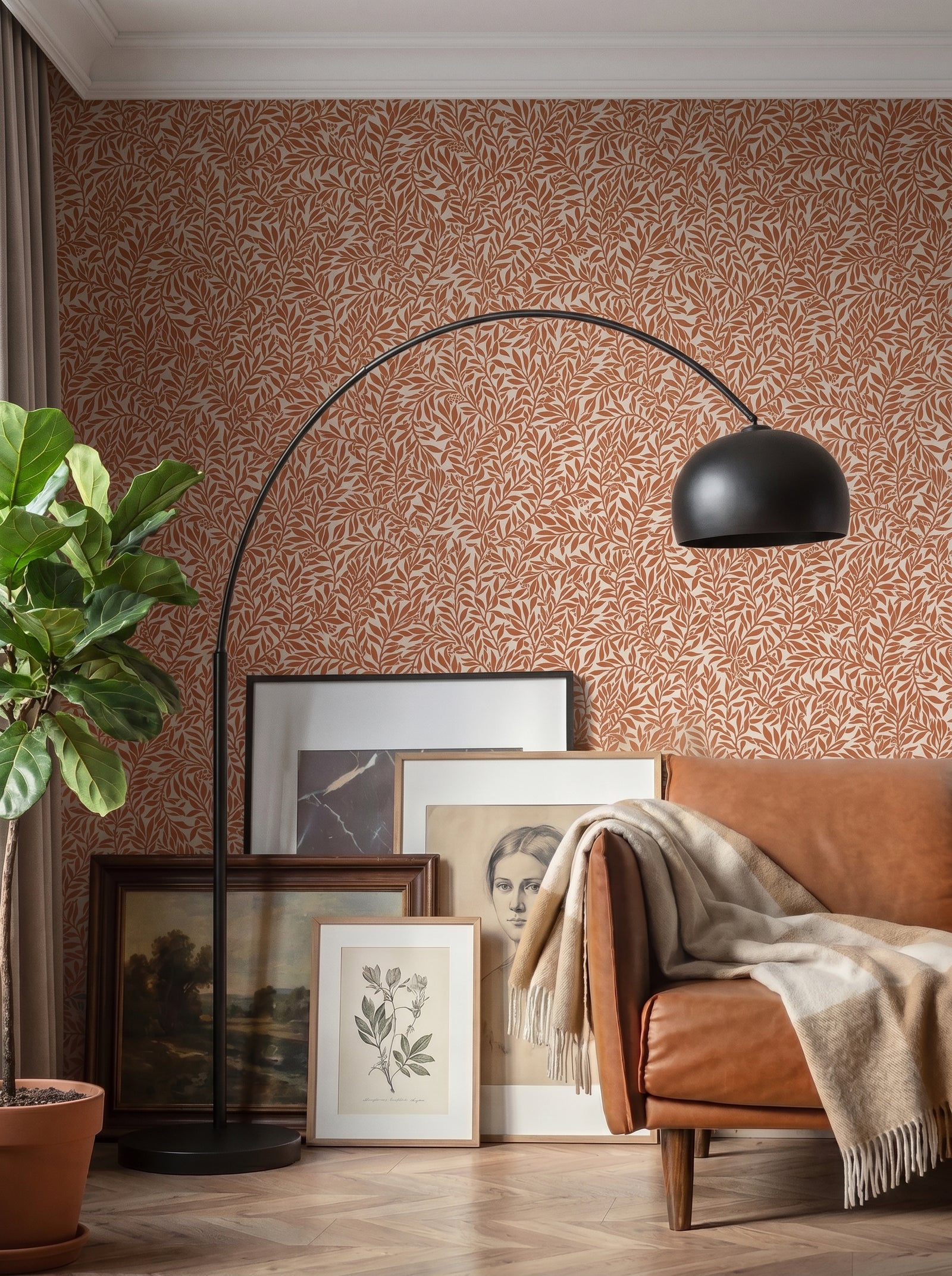 Serpentin Warm Terracotta wallpaper shown on a room wall